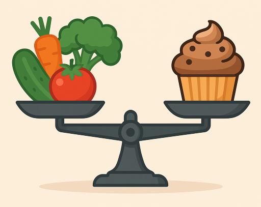 Umiar jest matką zdrowia- waga z warzywami i muffiną na przeciwnych szalkach