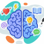 Jak używać przysłów i frazeologizmów - mózg z ikonami symbolizującymi emocje, obrazy i słowa