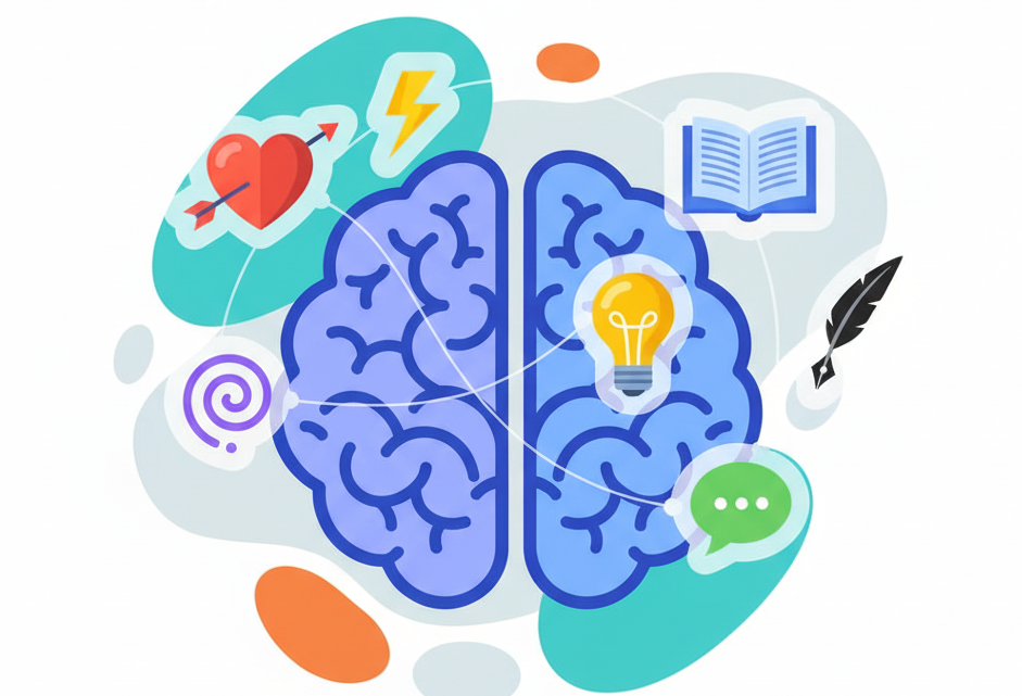 mózg z ikonami symbolizującymi emocje, obrazy i słowa
